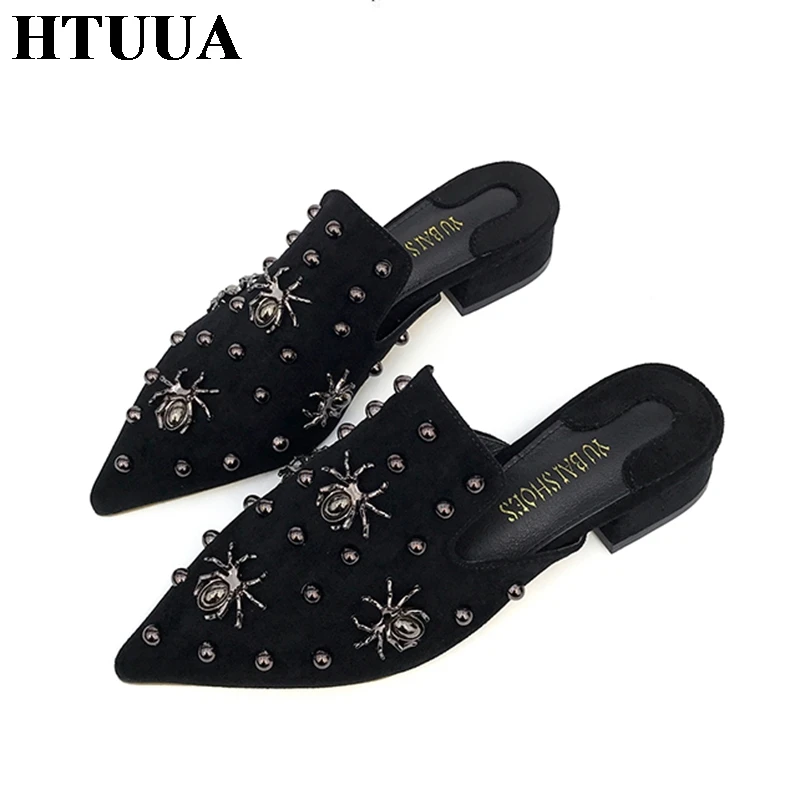 HTUUA/Модная женская обувь из флока с острым носком Женские шлепанцы Туфли без