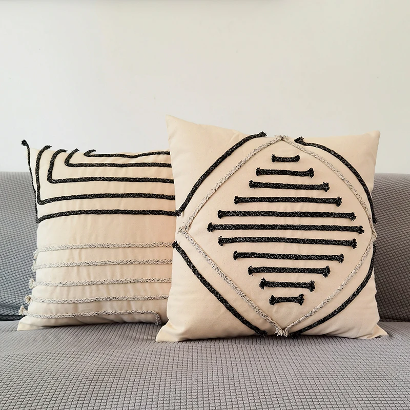 

Home Decoration Cushion Cover Black Grey Geometric Pillow Cover Stripe Rope Embroidery 45x45cm For Living Room Bed Room
