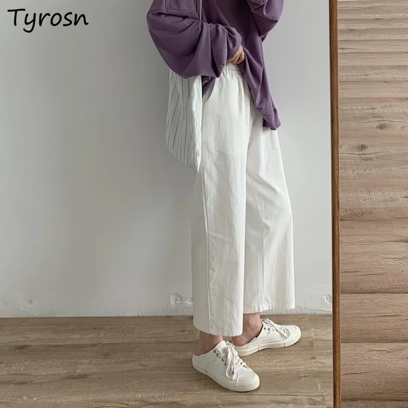 

White Casual Pants Women Straight High Waist Stretch Streetwear Solid Basic Ankle-length Trousers Ladies OL Elegant Chic Bottoms