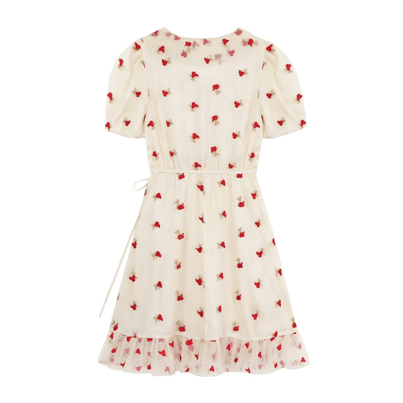 

2021 Summer Hot Seling Flower Embroidery Frocks For Women Sweet Style Short Sleeve Vintage Mesh Holiday Mori Girl Fairy Dress