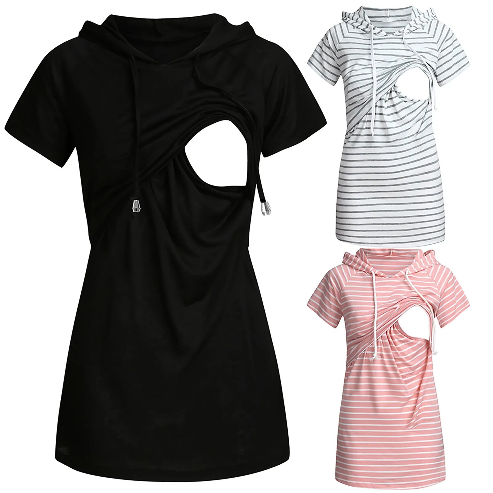 

Women Maternity Striped Maternity Top Short Sleeve Hooded Nursing T-shirt umstandsmode shirt camisetas lactancia de verano