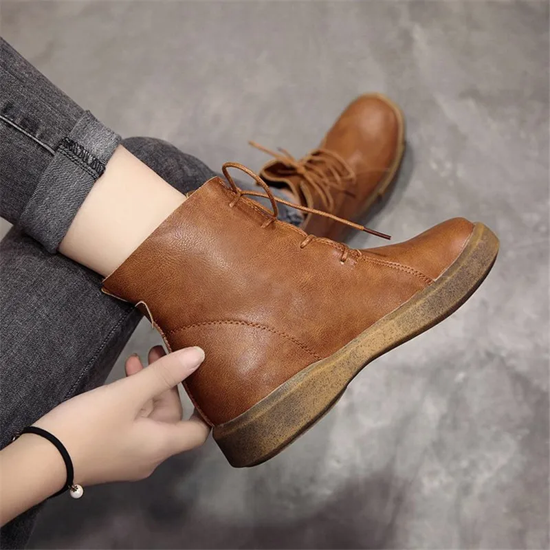 

2020 Autumn Winter Warm Boots Women Shoes Woman Boots Fashion Flat Round PU Ankle Boots Lace Up Comfortable Sneakers Black Brown