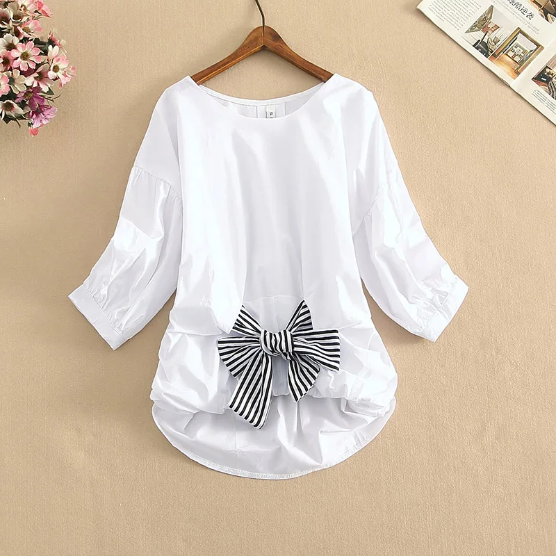 

Summer 2021 New Vintage O Neck Lantern Sleeve Half Sleeve Ruched Loose Cotton Big Bow Tie Shirts Blouses Tops White Blue Women