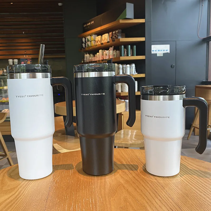 Creative Double Stainless Steel Coffee Mug Fashion Portable With Handle Car Ice Mugs Vacuum Flask Thermos Bottle Straw | Дом и сад