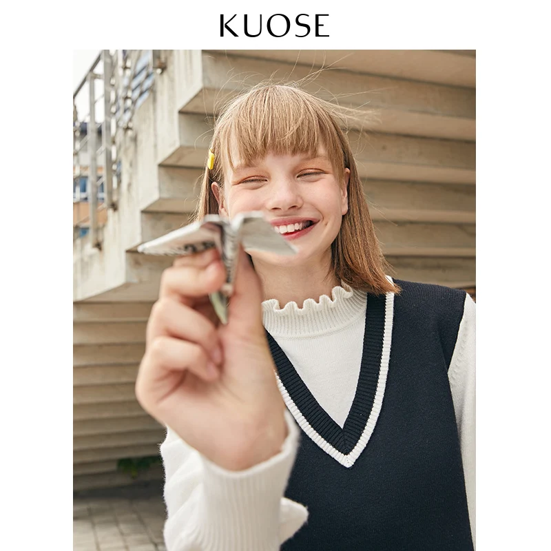 KUOSE женское платье с длинным рукавом прямой воротник средней длины волнистые