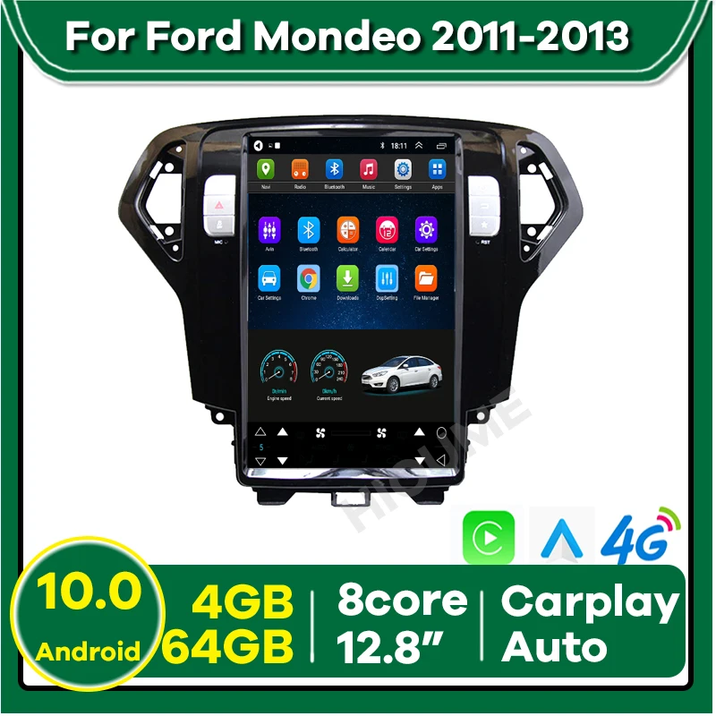 

12.8" Android10 Vertical Screen 4+64G Car Multimedia Player GPS Navigation for Ford Mondeo Stereo Radio 2010-2013 CarPlay DSP