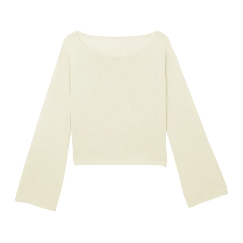 Slash Neck Crop Knitted Tops Women Bell Sleeve Autumn Sweater Pullover Boat Loose Fall | Женская одежда