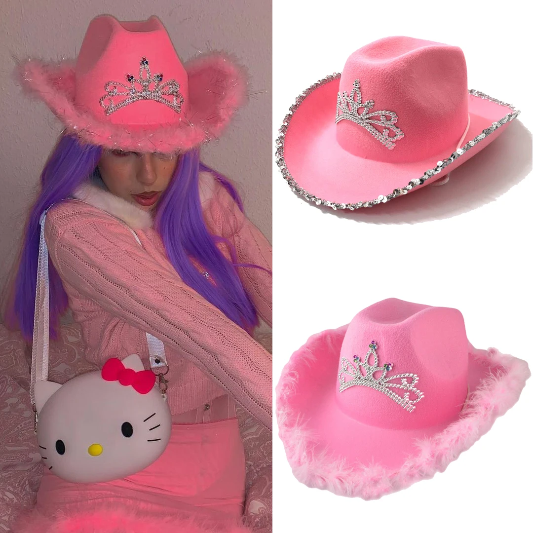 Western Cowboy Hat Pink With Fur Girls Women Pink Cowboy Hats Hot Cowgirl Hats Cosplay Props Costume Feather Edge Fedora Caps