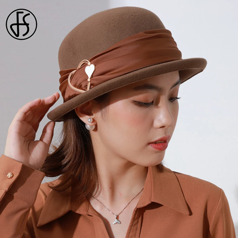 

FS Korean Dome Top Wool Felt Fedora Hats For Women Winter Warm Church Cloche Derby Hat Fedoras Bowler Curling Cap With Ribbon