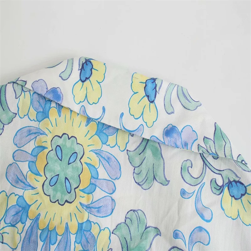 

Woman 2021 Casual Print Long Shirt Fashion Lapel Short Sleeve Button Slim Shirt Vintage Bowknot Belt Desgin Broken Flower Dress