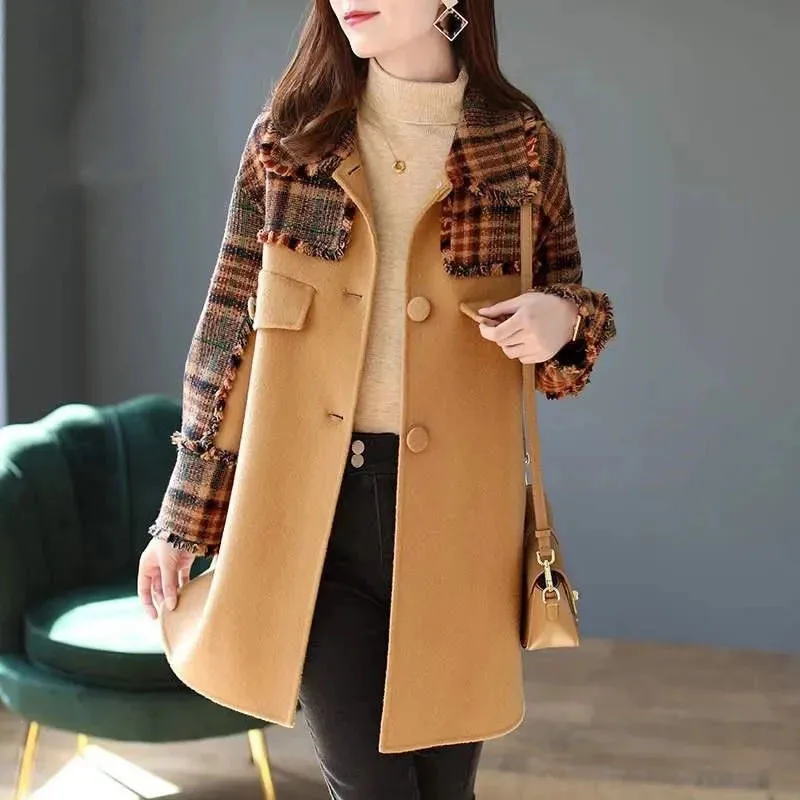 

New Autumn Winter Woolen Women's Jacket Mid Long Plaid Woolen Female Coat Casual Thicken Woolen Cloth Overcoat Ladies Tops R1546