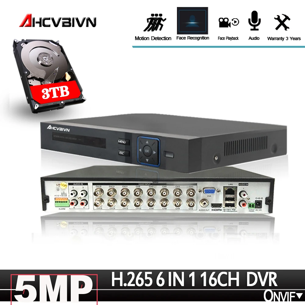 16 канальный AHD DVR AHD/CVI/TVI IP 2592*1944 5MP CCTV видеорегистратор Гибридный NVR HVR 6 в 1 RS485