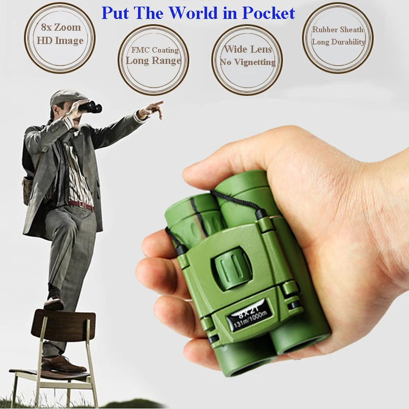 

Super HD Optical Binoculars Long Range Folding Metal Mini Telescope Pocket Optics Hunting Sports Outdoor Camping Travel 8x Zoom
