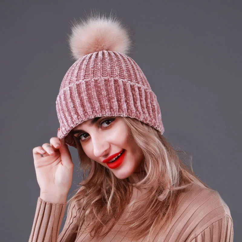 Женская Шапка бини из синели с помпоном зимние теплые шапки вязаная шапка