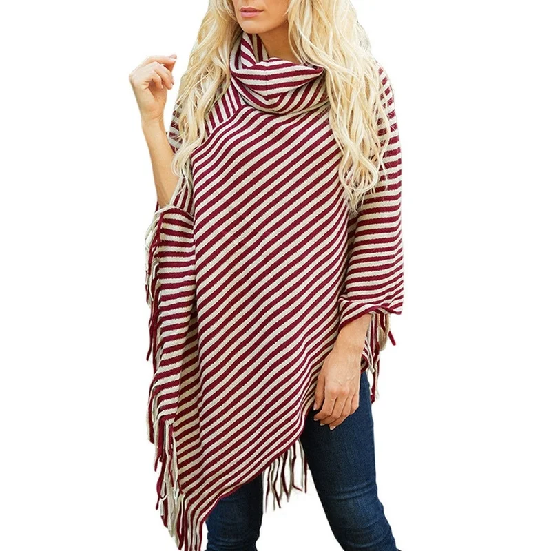 

Spring New Arrivals Women's Shawl turtleneck Sweater Ponchos Clothes Striped Fringed Cloak Cape female fashion