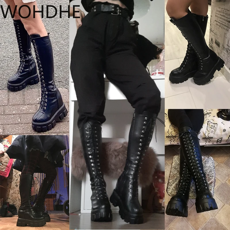 Женские сапоги до колена из искусственной кожи на толстой подошве с