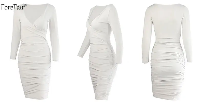 Forefair V Шеи Обертывание Bodycon миди платье черный зима осень для женщин с длинным рукавом Ruched Cross твердые сексуальные повседневные красные платья