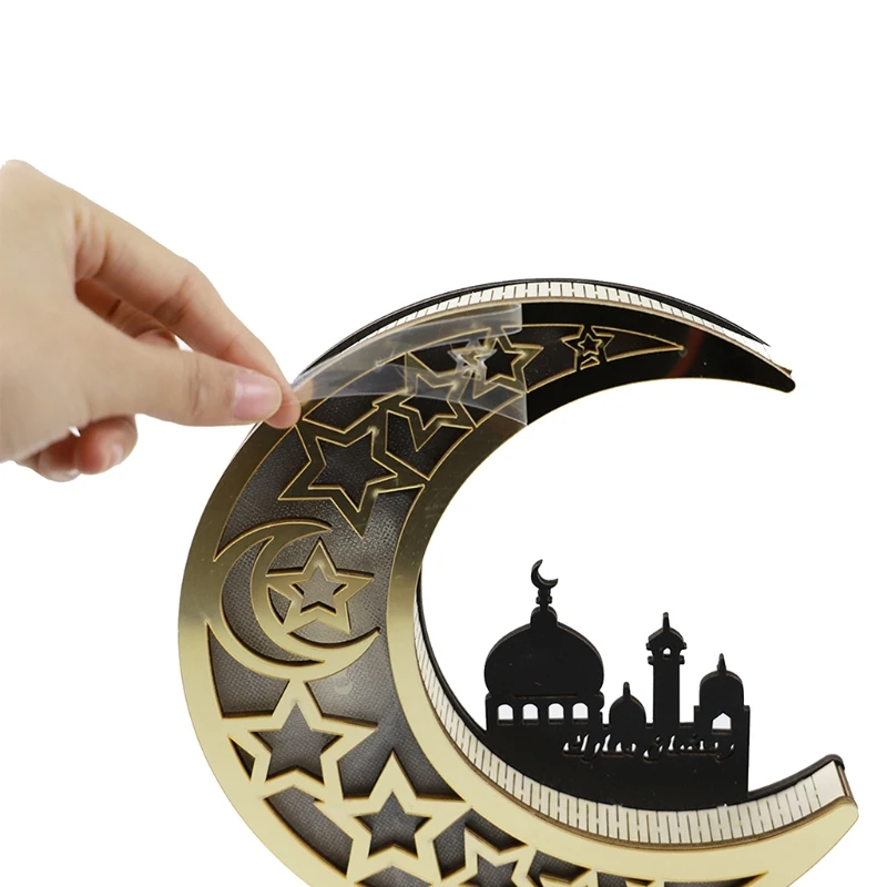 

Wooden Eid Mubarak Ramadan Decoration Moon Plate with LED Light Islamic Muslim