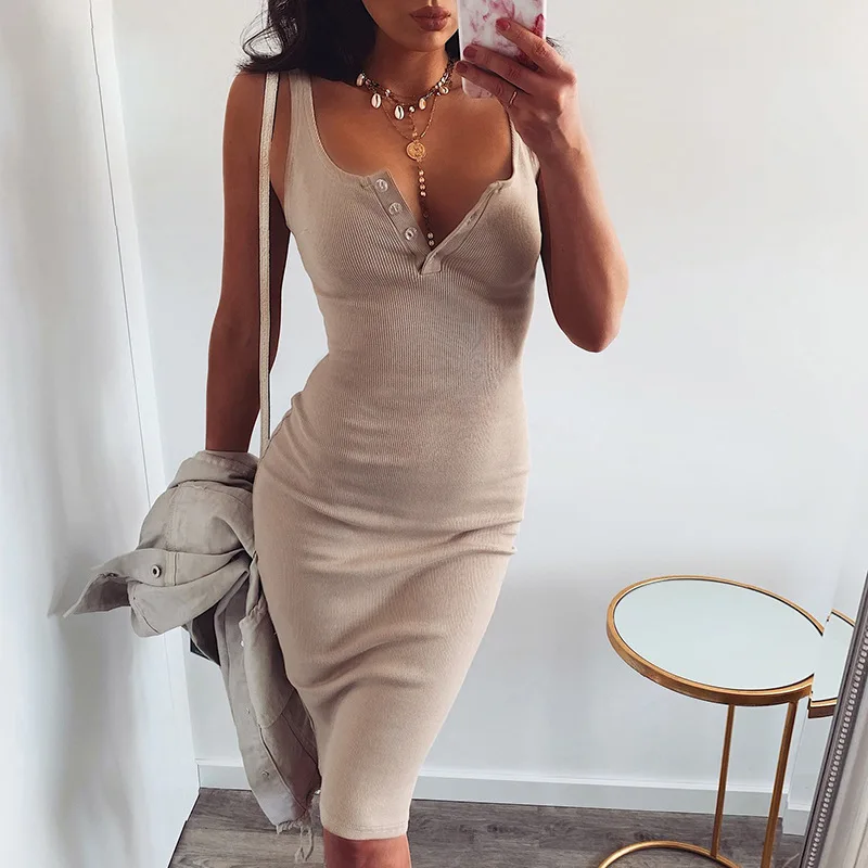 

Summer New Women's Clothing Dress Knitted Elastic Sleeveless Bodycon Elegant Women Sexy V-Neck Party Hips Dresses