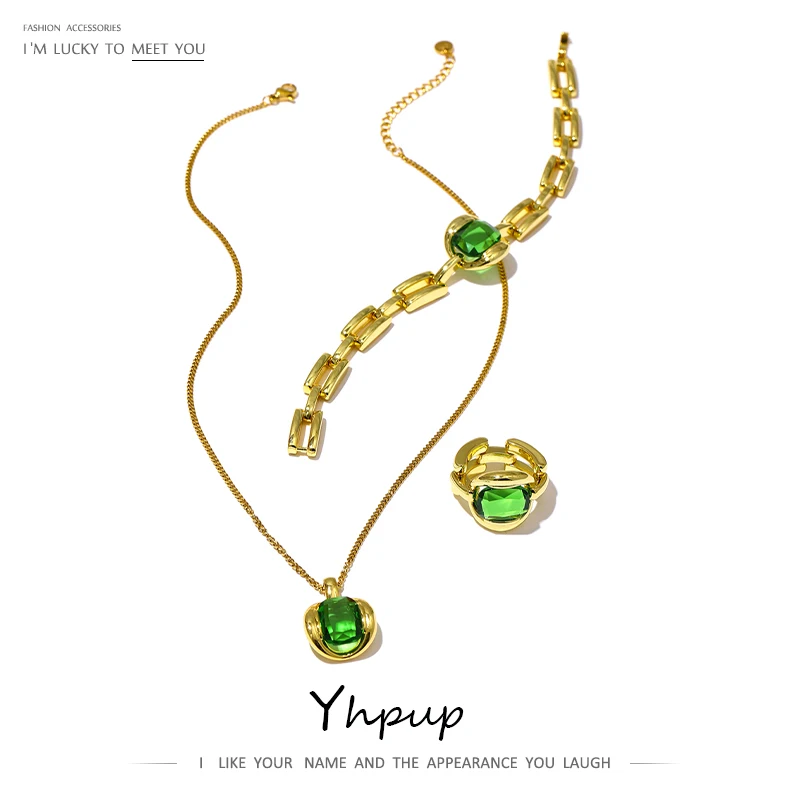 

Yhpup Gold Stainless Steel Jewelry Set Necklace Ring Bracelet Fashion Green Glass Crystal Pendant Chain 18 K Plated Waterproof