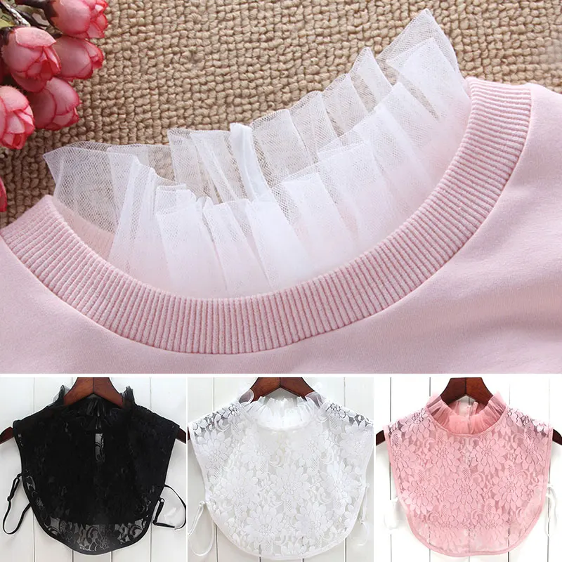 

Women Lace Embroidery Neckstand Fake Collar Detachable False Blouse Fake Collar Cloth Accessories Black/White/Pink