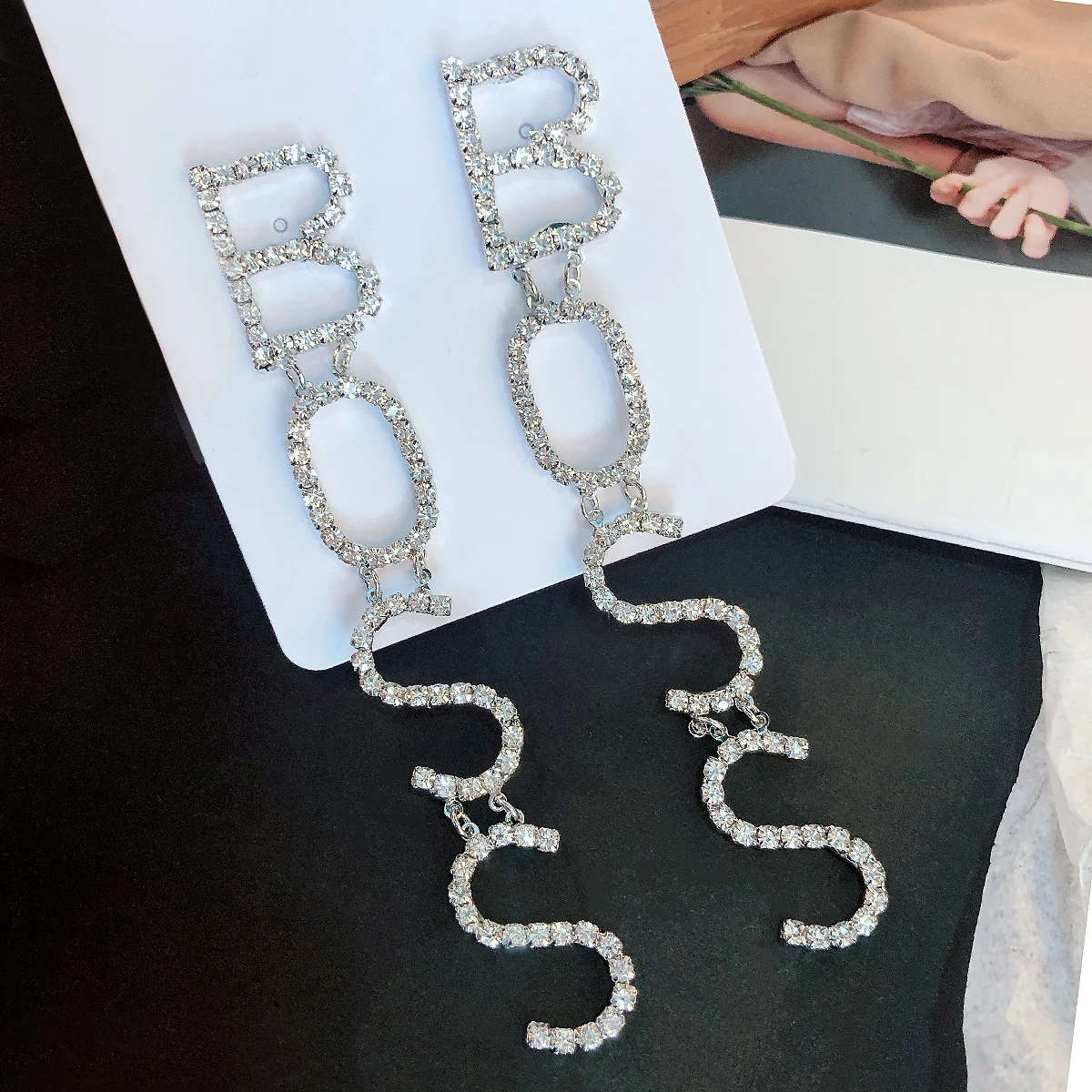AENSOA New Unique Boss Rhinestone Earrings for Women Fashion  Long Letters Pendant Earring Fashion Shiny Party Costume Jewelry