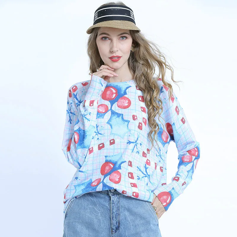 

Autumn Spring Loose Plus Size Sweaters O-neck Long Sleeve Printed Knitted Pullover Women Tops Pull Femme TA6352