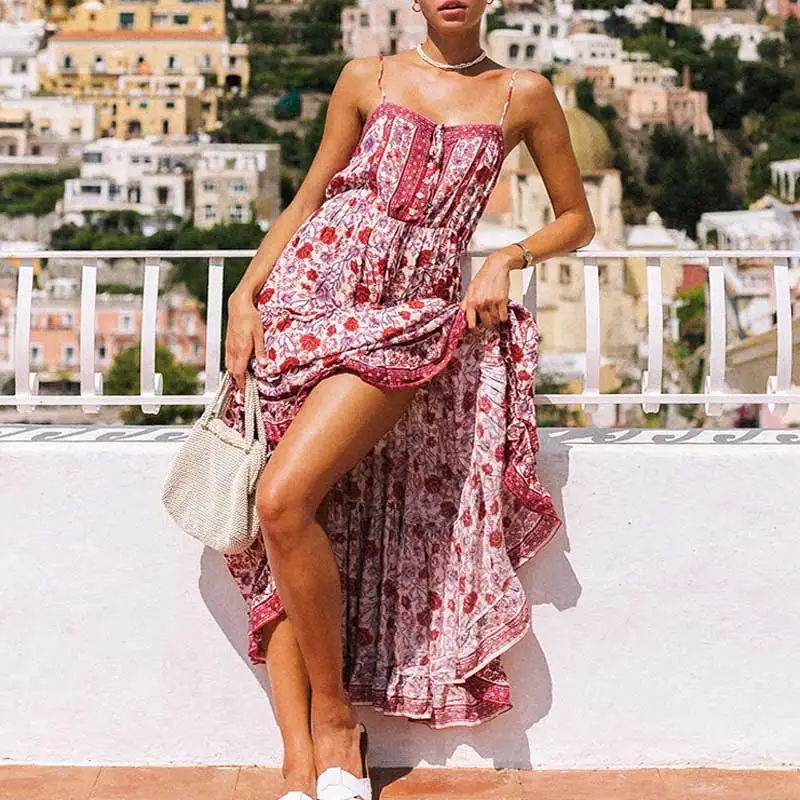 Богемный Вдохновленный розовое летнее платье длинное женское на бретельках