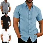 Рубашка мужская с коротким рукавом, Свободная Повседневная блузка из чистого хлопка и льна, мешковатая на пуговицах, топ для отдыха, лето