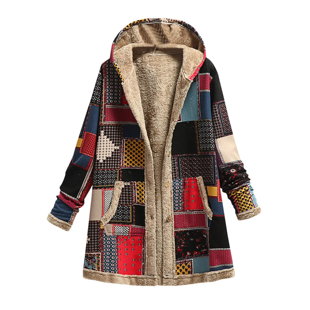 

2021 Winter Warm Printing Thick Fleece Hooded Long Jacket with Pocket Ladies Outwear Loose Coat for Women Vintage Women Coat