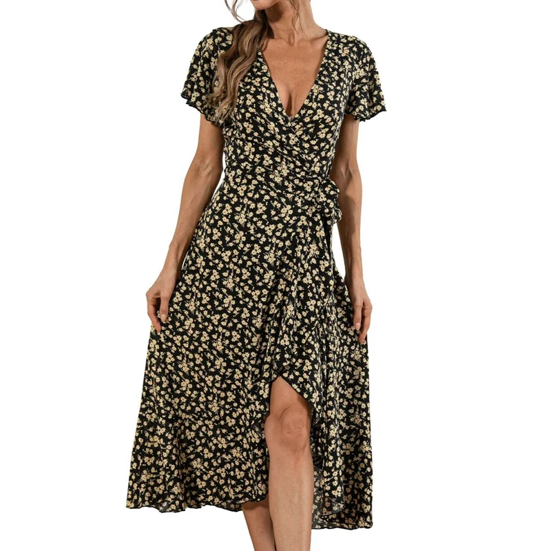 

Floral Print Bohemia Dresses Women Sexy V Neck Short Sleeve Summer Dress Casual Lace Up Midi Beach Dress Robe Femme Vestidos