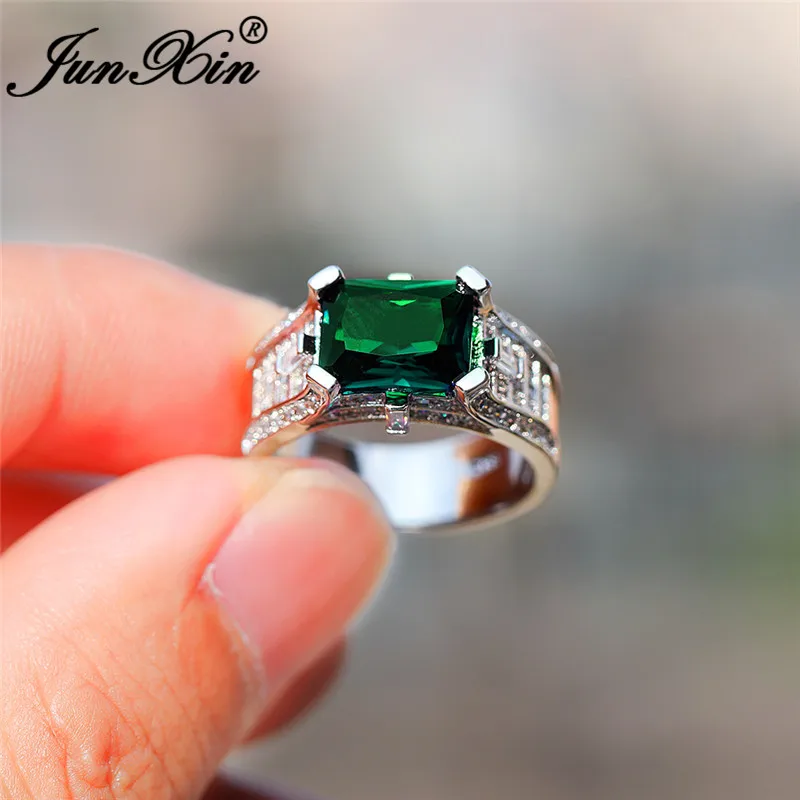 Green Ring Роскошные Хрустальные Зеленые Синие каменные прямоугольные кольца для мужчин и женщин 925 серебряного цвета винтажные циркониевые обручальные кольца мужские женские ювелирные изделия - Цвет основного камня: Green Ring