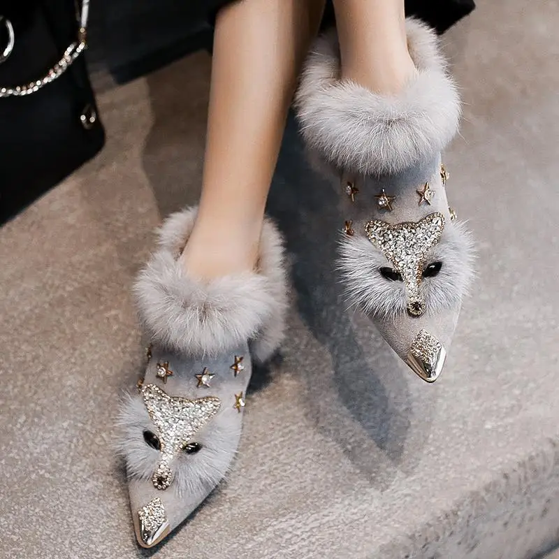 Women Rabbit Fur Snow Boots Autumn Winter Fashion Ladies Metal Pointed Toe Shoes Female Plush Thick Heel Ankle Boots High heels images - 6