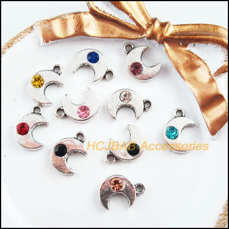 

20Pcs Tibetan Silver Tone Retro Moon Mixed Crystal Charms Pendants 11x15.5mm