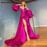 chenxiao fashion rose red evening dresses strapless puffy half sleeve mermaid sexy high slit simple dubai no decoration gowns