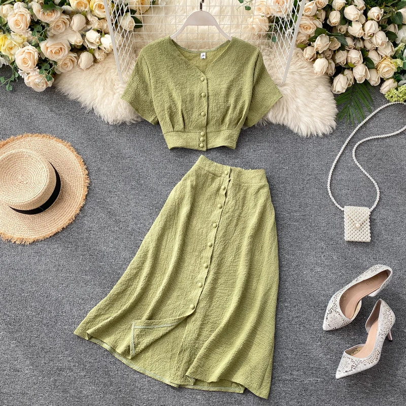 

Solid Female Suit 2021 New Single Breasted Slim Wasit Tops and Half-length Skirt Two Piece Sets Womens Outfits