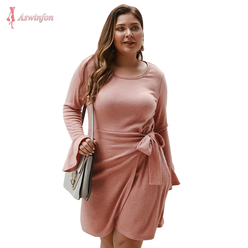 Женское платье с оборками Aswinfon повседневное теплое однотонное миди длинным