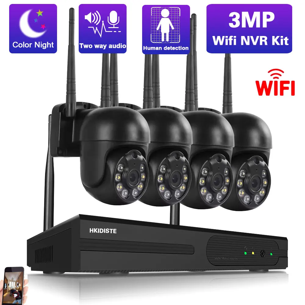 

H.265 CCTV Camera Security System Kit Wireless 3MP 4 Channel NVR Kit Outdoor Two Way Audio Wifi PTZ IP Camera Surveillance Set