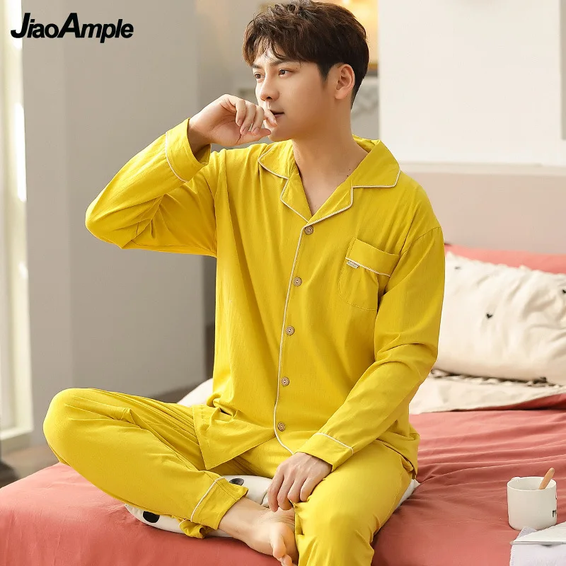100% Cotton Pajamas Men's Spring Autumn New Cardigan Long-sleeved Trousers Pijamas Two-piece Set Nightie Home Clothes Suit