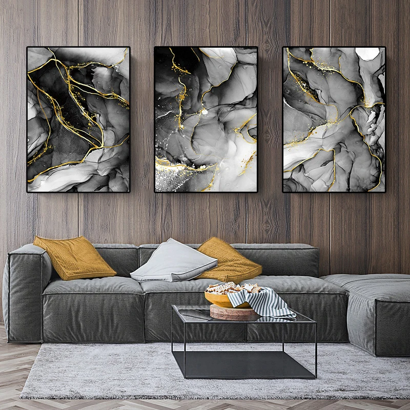 

Black White Ink Wall Art Picture Poster Print Luxury Golden Grey Textured Abstract Canvas Painting Decorative Modern Home Mural