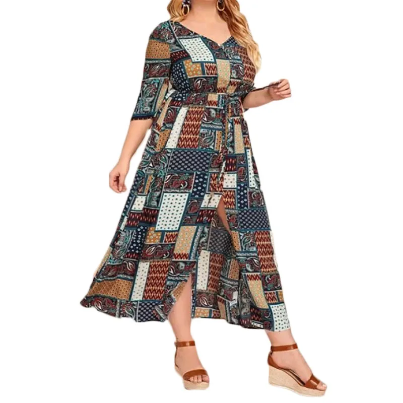 

Western Style Summer Oversize Women's Dress Fashion Casual African Simple Printing Split Fork V-neck 5-point Sleeve