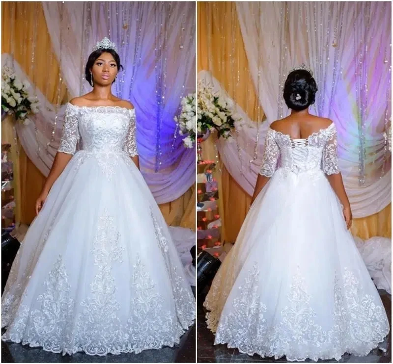 

Sheer Half Sleeves African Wedding Dresses Applique Lace Ball Gown vestidos de novia 2021