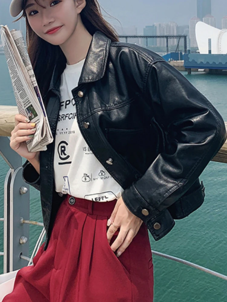Женская кожаная куртка с большими карманами Повседневная Свободная однобортная