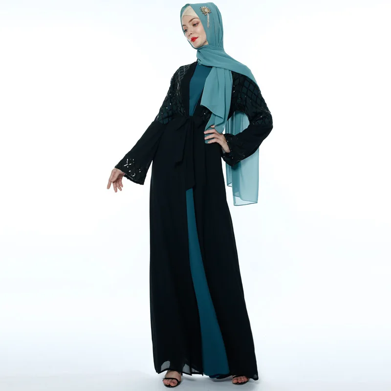latest Dubai long-sleeved dress Muslim party Abaya ladies Arabian lace cardigan patchwork Turkish Islamic prayer gown robe