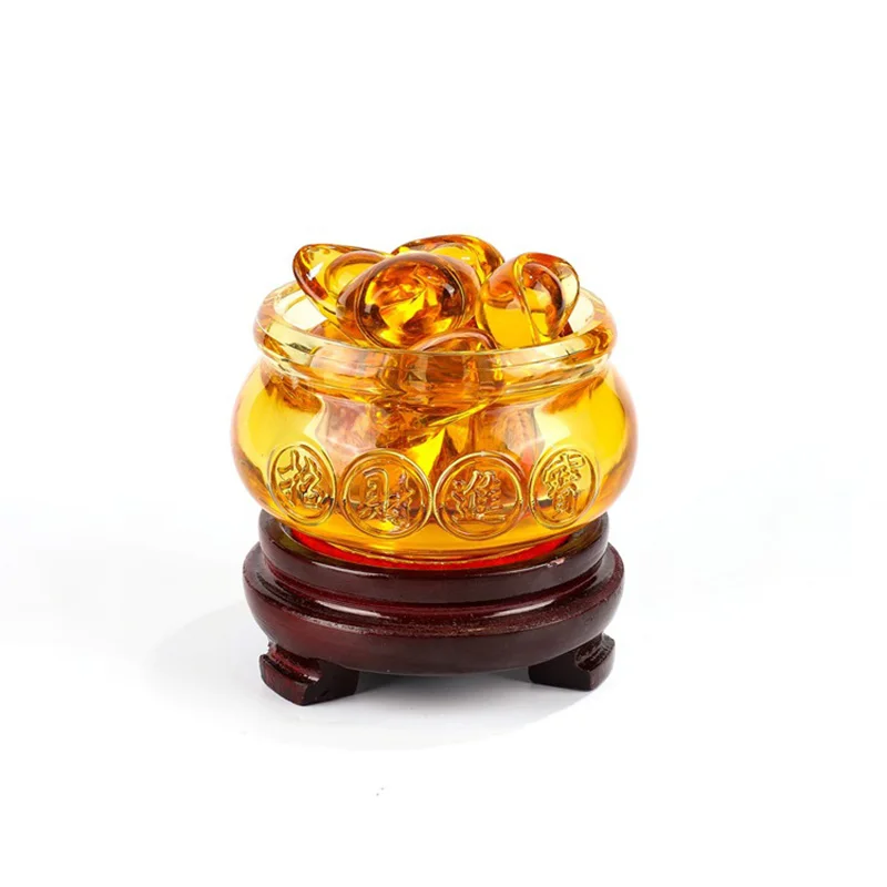 

Feng Shui Chinese Crystal Gold Ingots Glass Yellow Wealth Cornucopia Treasure Bowl Statue Decoration