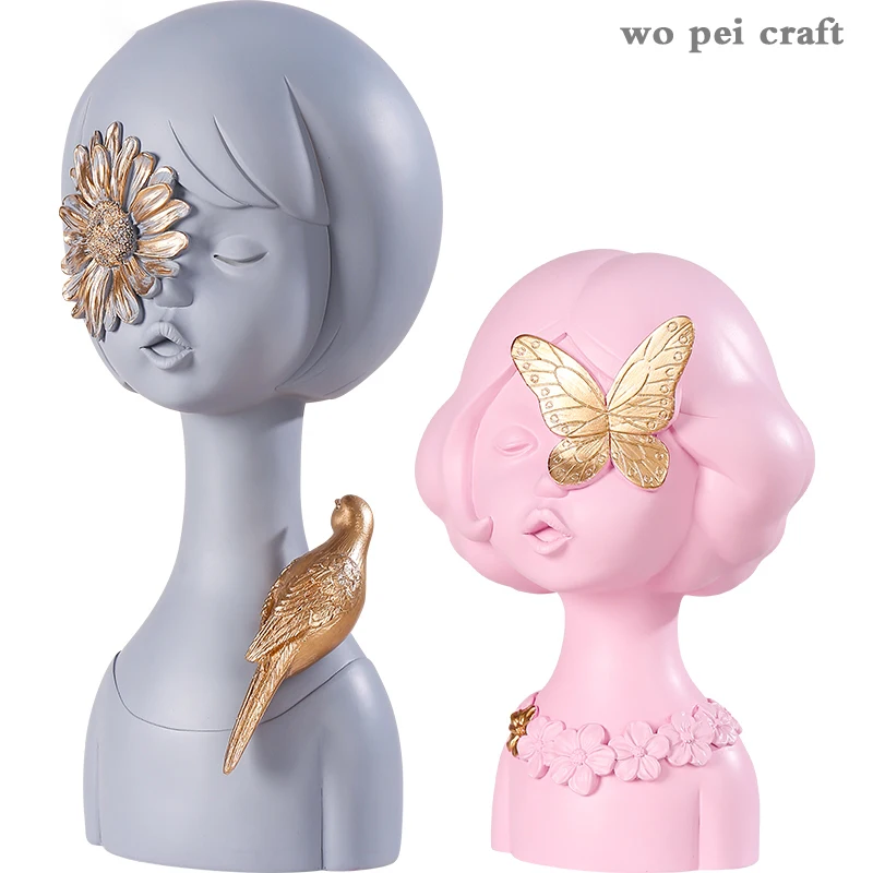 

Lovely Pink Girl Resin Portraits Bust Figurines Desktop Decoration Modern Home Decor Crafts Sculpture Girly Room Decoration