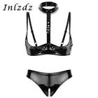 Женское кожаное Эротическое нижнее белье, комплект нижнего белья для интима, нижнее белье, женский бюстгальтер с открытой промежностью, трусики с высоким вырезом, трусики
