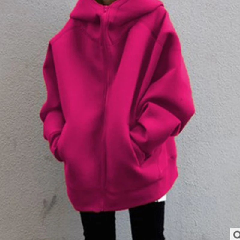 

Fashion Women Pocket Loose Hooded Hoodies Female Casual Long Sleeve Winter Sweatshirt Autumn Zip-Up Solid Warm Tops Streetwear