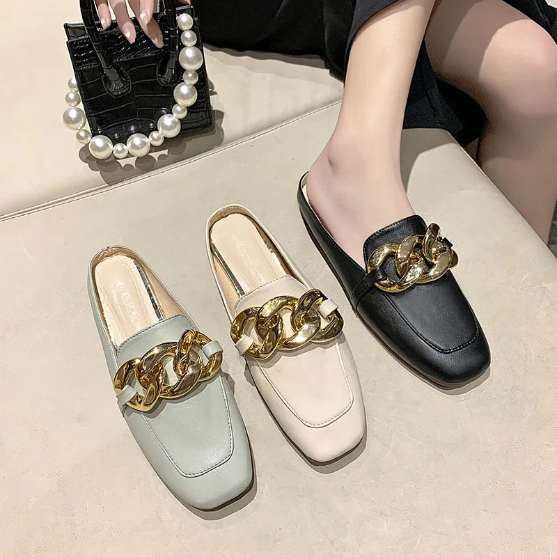 

Shoes Slippers Flat Lady Slides Square Toe Slipers Women Shallow Fashion Girl Soft 2021 Rubber Luxury Summer Cover Basic PU