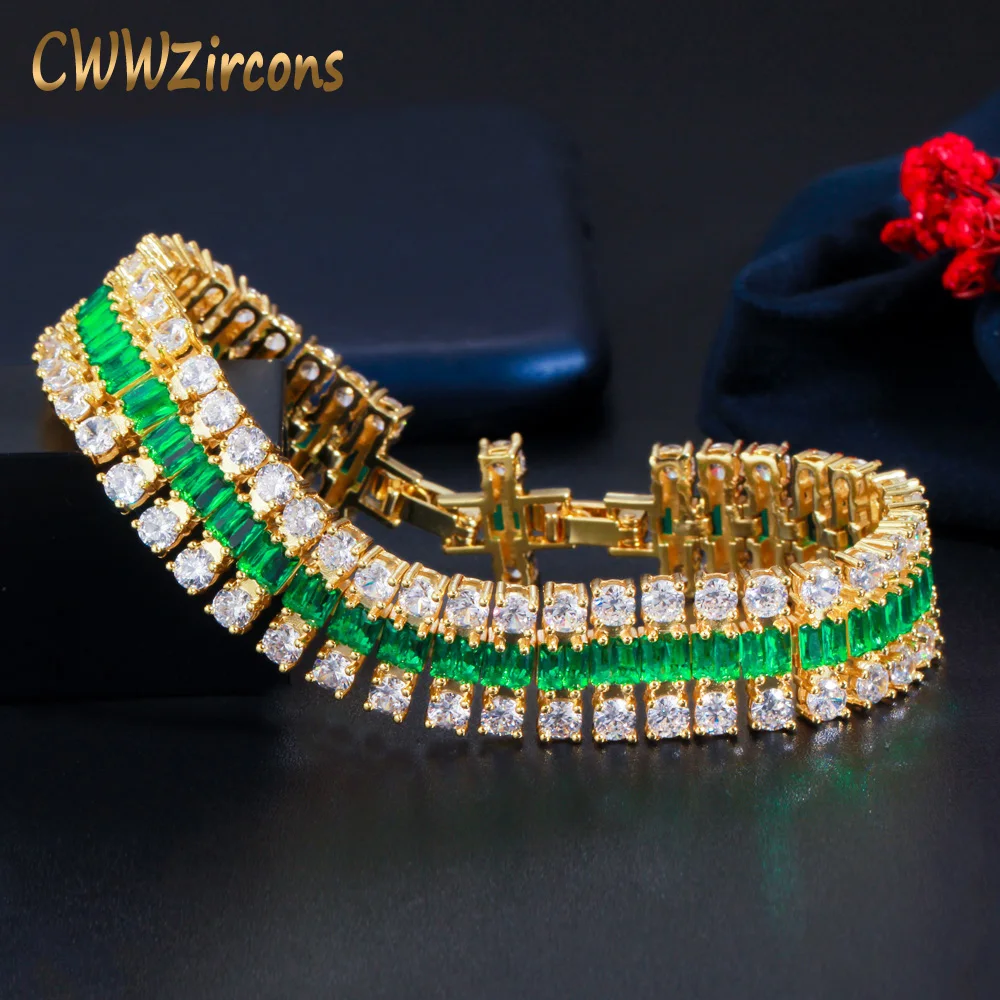 

CWWZircons шикарный Роскошный зеленый кубический цирконий кубинская цепочка широкие большие браслеты для женщин Дубай золотой цвет свадебные ю...